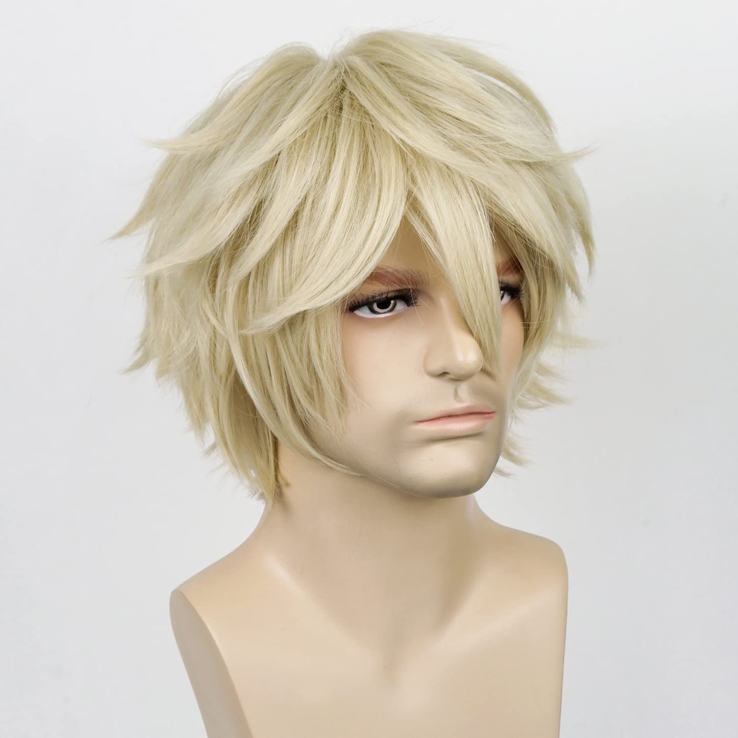 LABEAUTÉ Short Blonde Wig Male Men, Anime Fluffy Golden Cosplay Anime Wigs With Bangs Unisex Heat Resistant Hair for Party Halloween + Free Cap