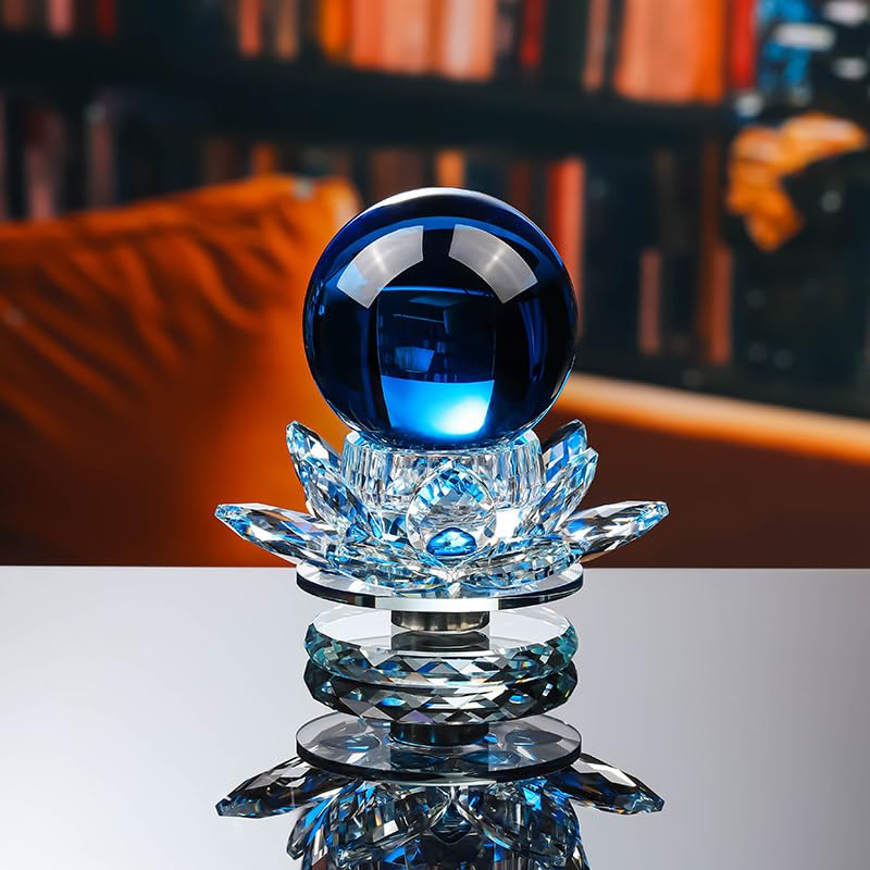 Dekoracyjna rzeźba z kryształową kulą z podstawą lotosu, nowoczesny szklany ornament, luksusowy wystrój biurka do domu, biura, prezent (niebieska)