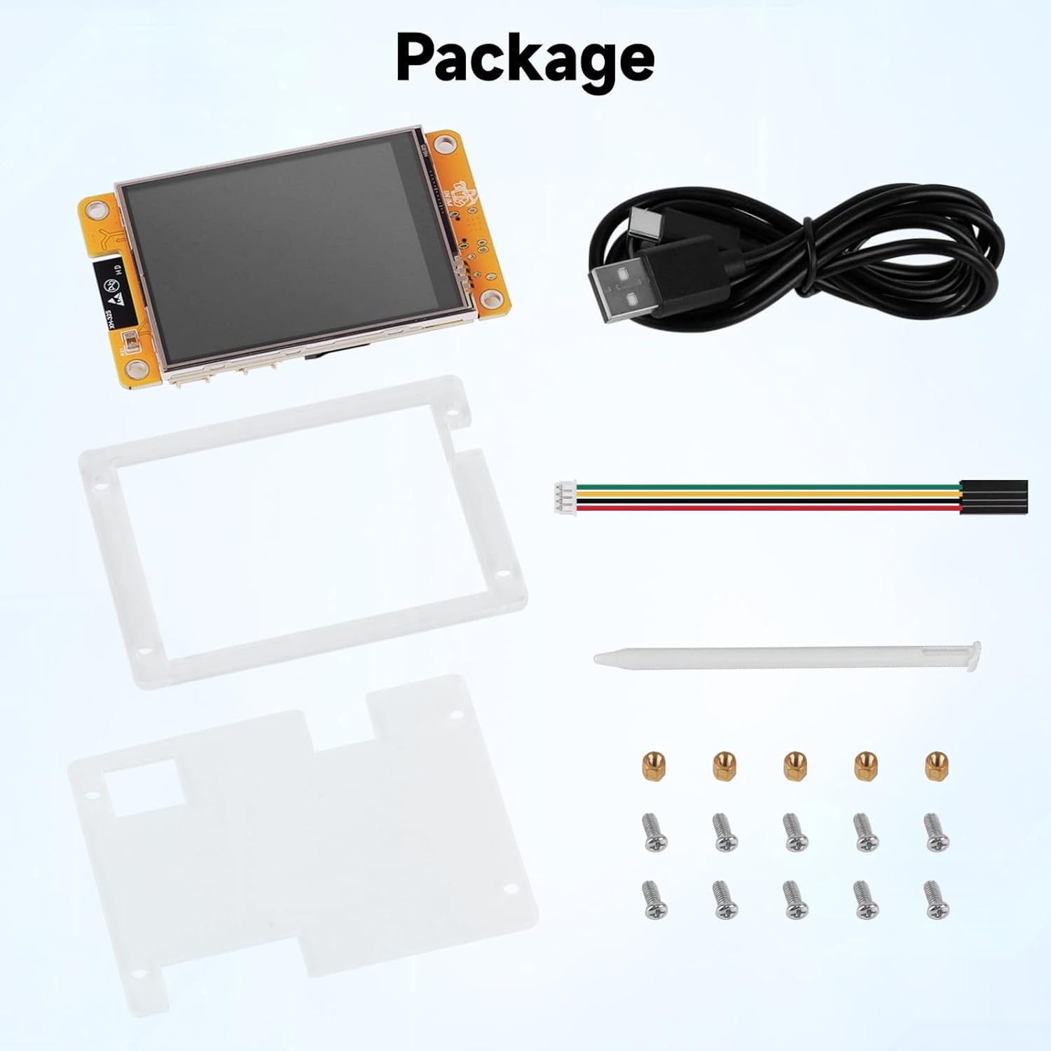 Contents of the Ransanx NerdMiner V2 package, including the main board, USB cable, stylus, and assembly hardware.