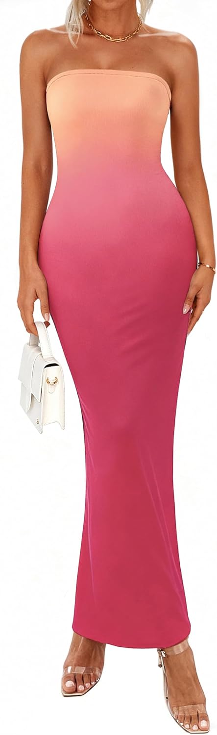 PRETTYGARDEN Women Summer Strapless Maxi Dress Bodycon Floral Sexy Long Wedding Guest Dress Formal Tube Mesh Cocktail Dresses