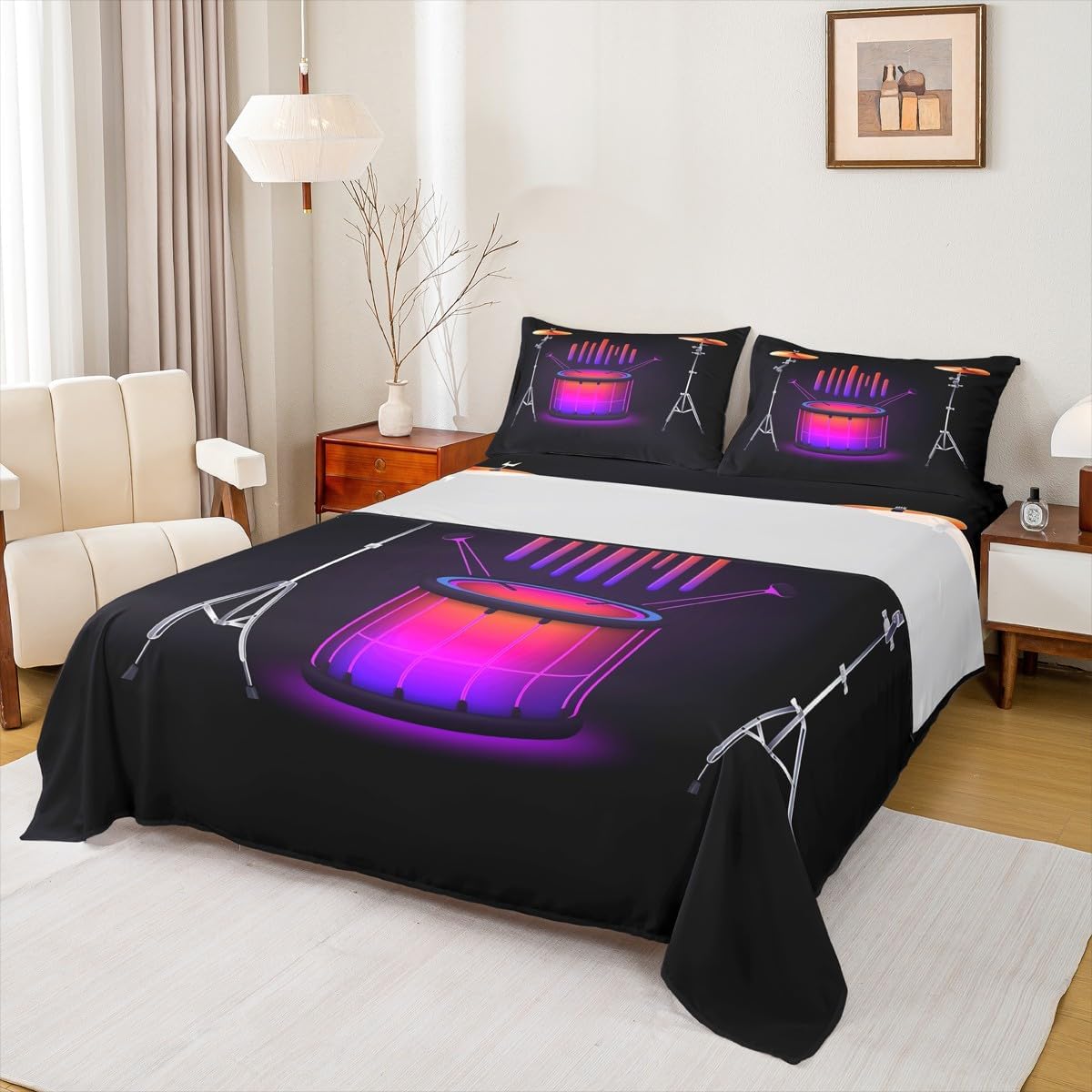 Erosebridal Neon Drum Kit Bed Sheets Queen Size Abstract Musical Instruments Sheet Set for Kids Boys Teens Adults Pop Music Bedding Set, Modern Rock Musical Flat Fitted Sheet