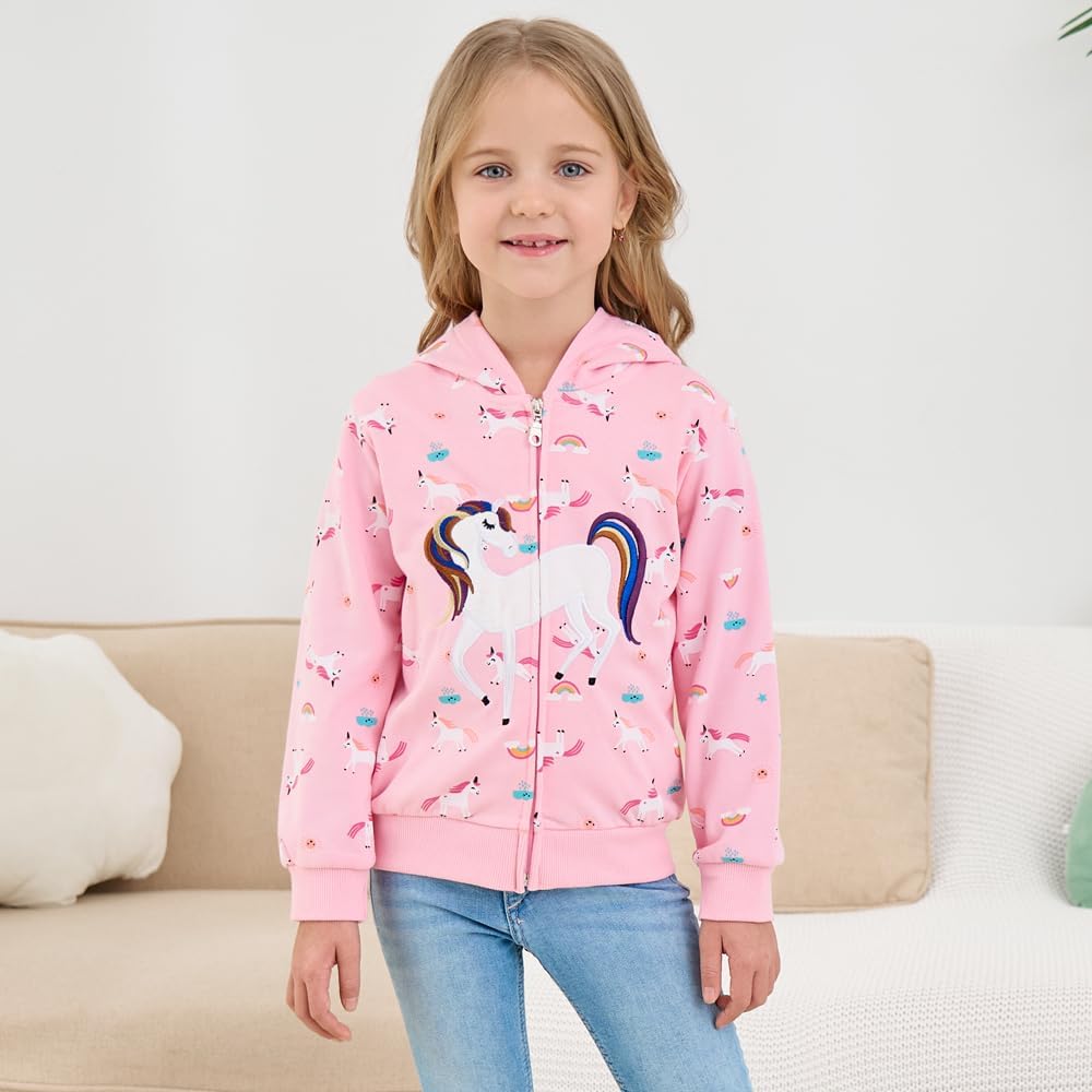 Little Girl Zip Up Hoodie Unicorn Rainbow Hooded Sweatshirt Back to School Jacket Pink Outerwear 6T - Image 2