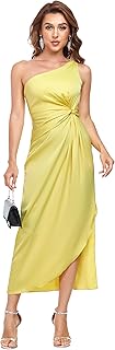 Women's One Shoulder Satin Silk Backless Split Wrap Hem Twist Ruched Summer Party Cocktail Midi Dress