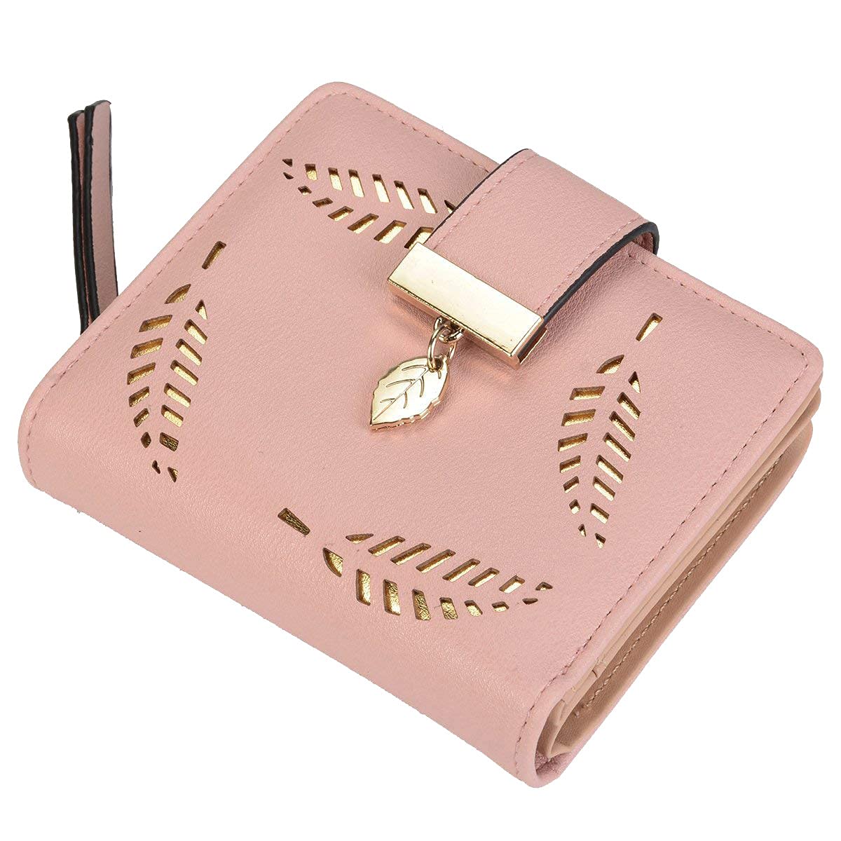 Women's Rose Gold Vegan Leather Leaf Bi-fold Card Coin Holder Small Wallet (KK23)-image-22