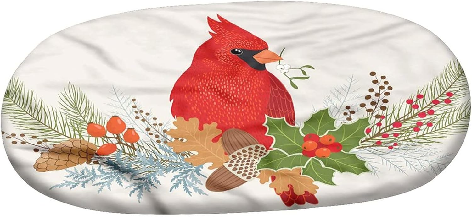 Oval Table Cover Fitted, Red Bird Elasticized Polyester Table Cover,Ornate Christmas Acorns Print Fitted Table Cloth, Fits Oval Tables up to 48" x 68", Kitchen Dining Buffet Tabletop Decoration