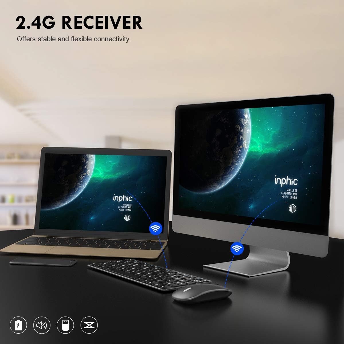INPHIC 2.4G Wireless Receiver connecting keyboard and mouse to a laptop and external monitor