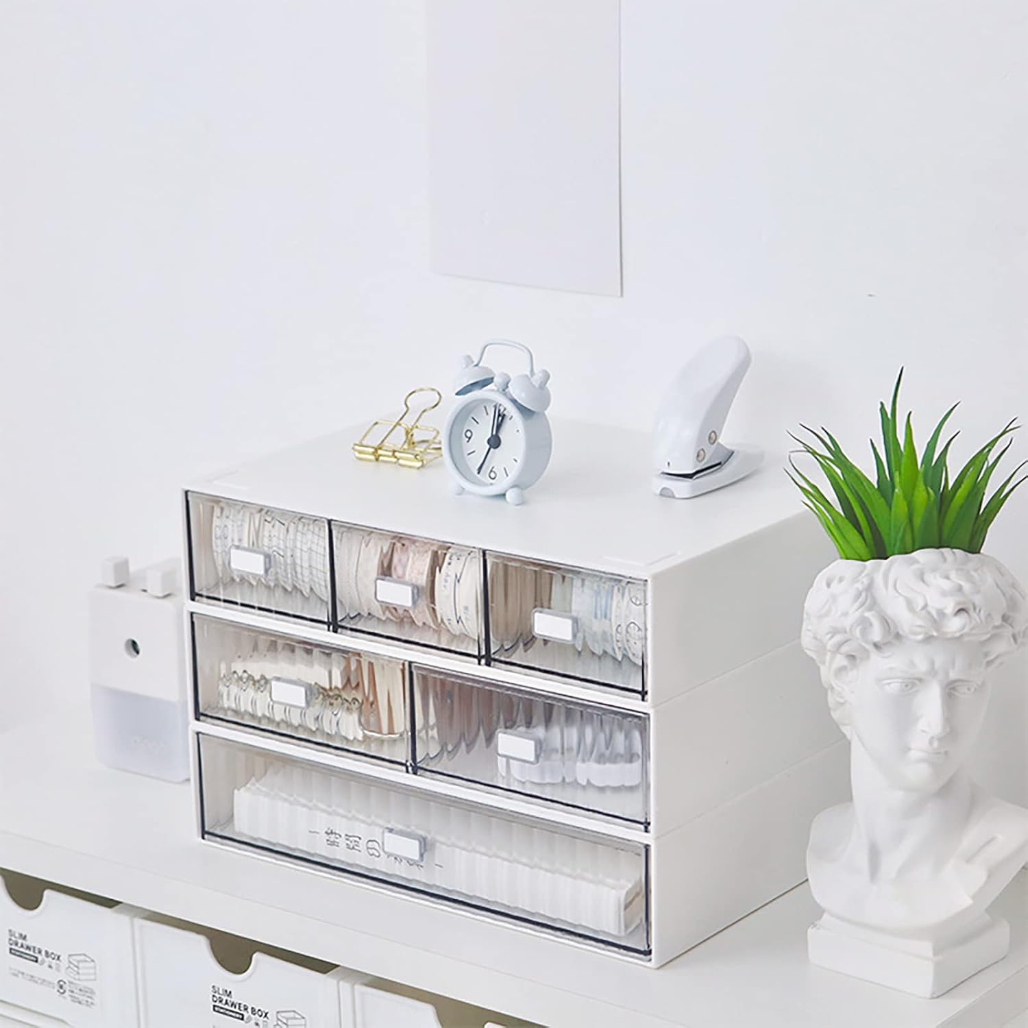 3PCS Desk Organizer with 6 Drawers, Stackable Plastic Storage Box Makeup Storage Desk Organizer and Accessories, Office Stationery Supplies Organizers for Office, School, Home (Purple)