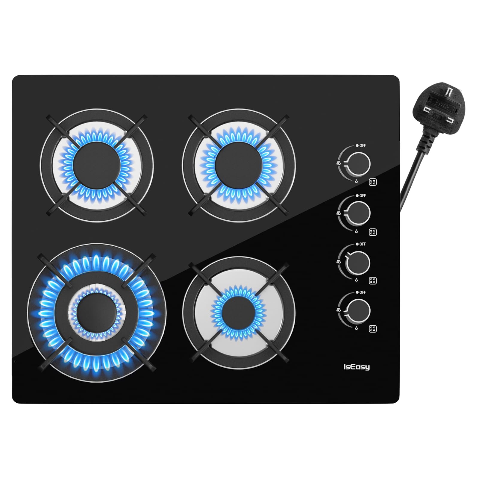 IsEasy Gas Hob 4 Burners - Black Plug in NG/LPG Gas Hob, 7800W 4 Cooking Areas Built in Glass Cooktop Hob 60cm with Cast Iron Pan Support, Thermocouple Protection, Integrated Ignition - 1
