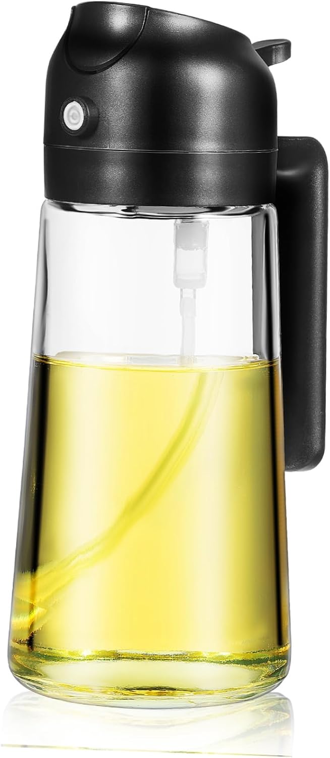 Oil Sprayer and Dispenser Olive Oil Bottle for Cooking Compact Glass Container with Wide-angle Nozzle for Even Spraying and Pouring