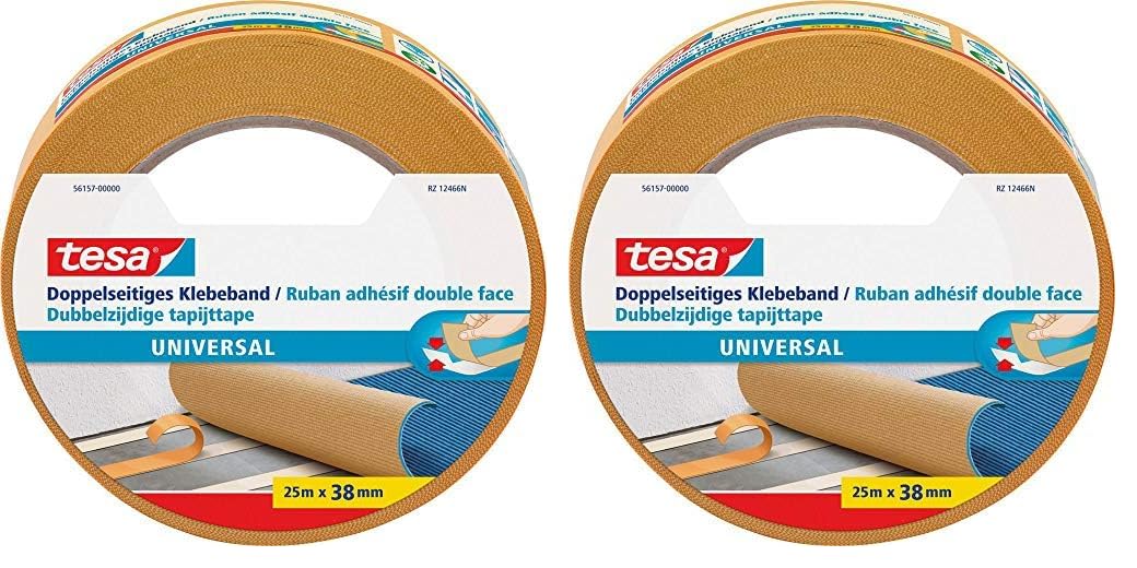 tesa Doppelseitiges Klebeband Universal - Vielseitiges Klebeband für Verpackungen, Deko und Teppiche oder zum Basteln - 25 m x 38 mm (Packung mit 2)