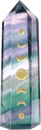 Rockcloud Punto de cristal grabado en fase lunar, piedra hexagonal de bolsillo para meditación Reiki, decoración del hogar, fluorita