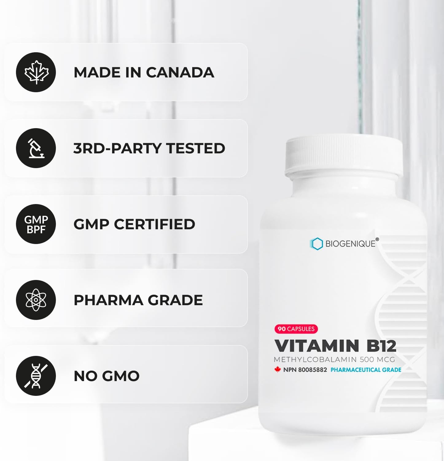 Vitamin B12 - as Methylcobalamin Supports Energy Metabolism, Nervous System Health, Blood Cell Function and Methylation - Non OGM, Gluten-Free, Vitamin Supplement, 90 Capsules