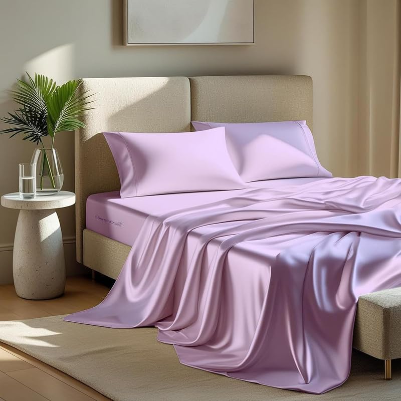 Image of Premium Satin Single Bed (60x90 Inchs) with 1 Pillow Cover Bedsheet Ultra Soft & Silky Smooth, Breathable Cooling Fabric, Luxury Glossy Finish|Levender