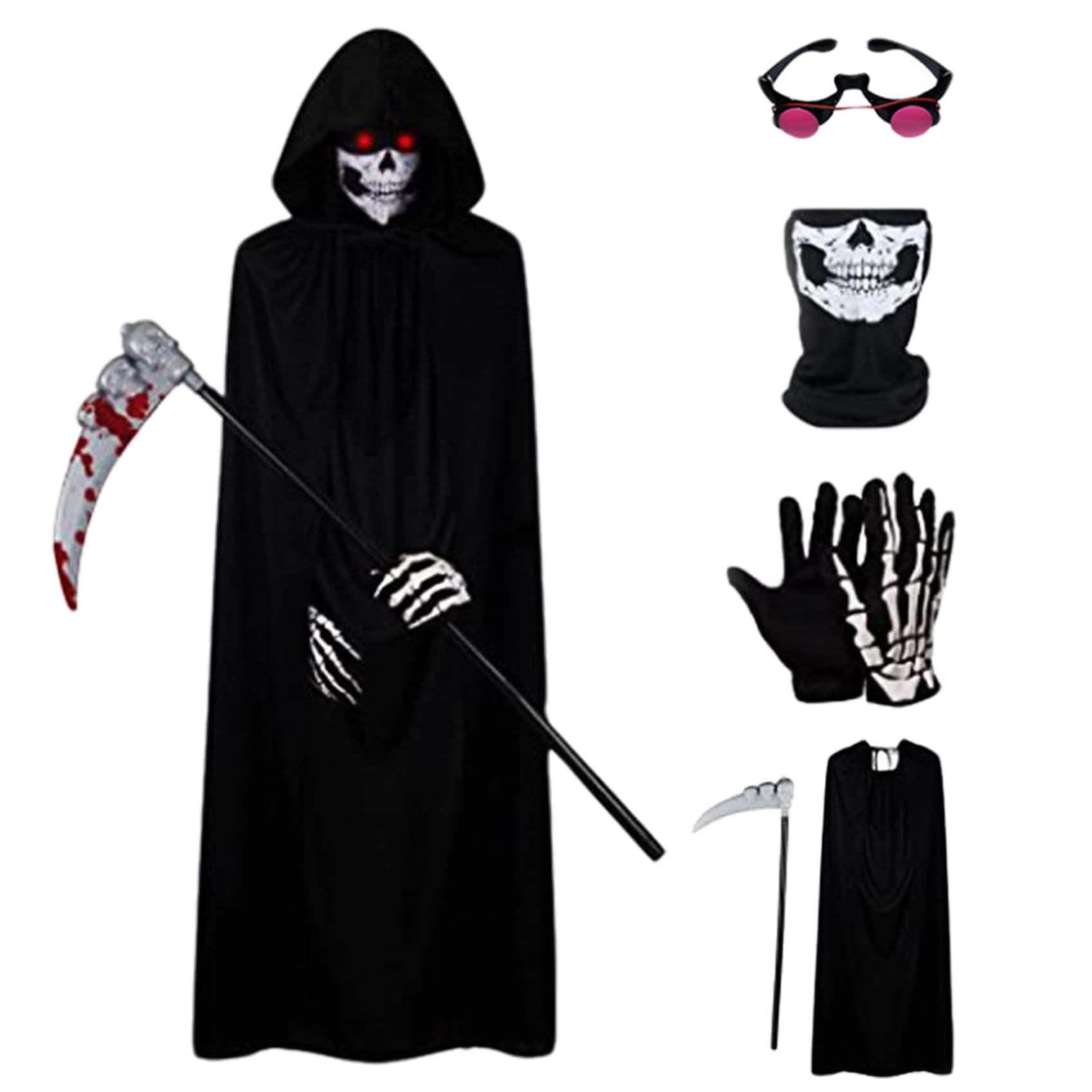 Lamppdcor Ghostface Costume Grim Reaper Costume 5Pcs/Set for Kid-Small Glowing Eyes Cosplay Outfits for Kids Black Scary Halloween Costumes for Halloween Costume Parties, Cosplay Parties