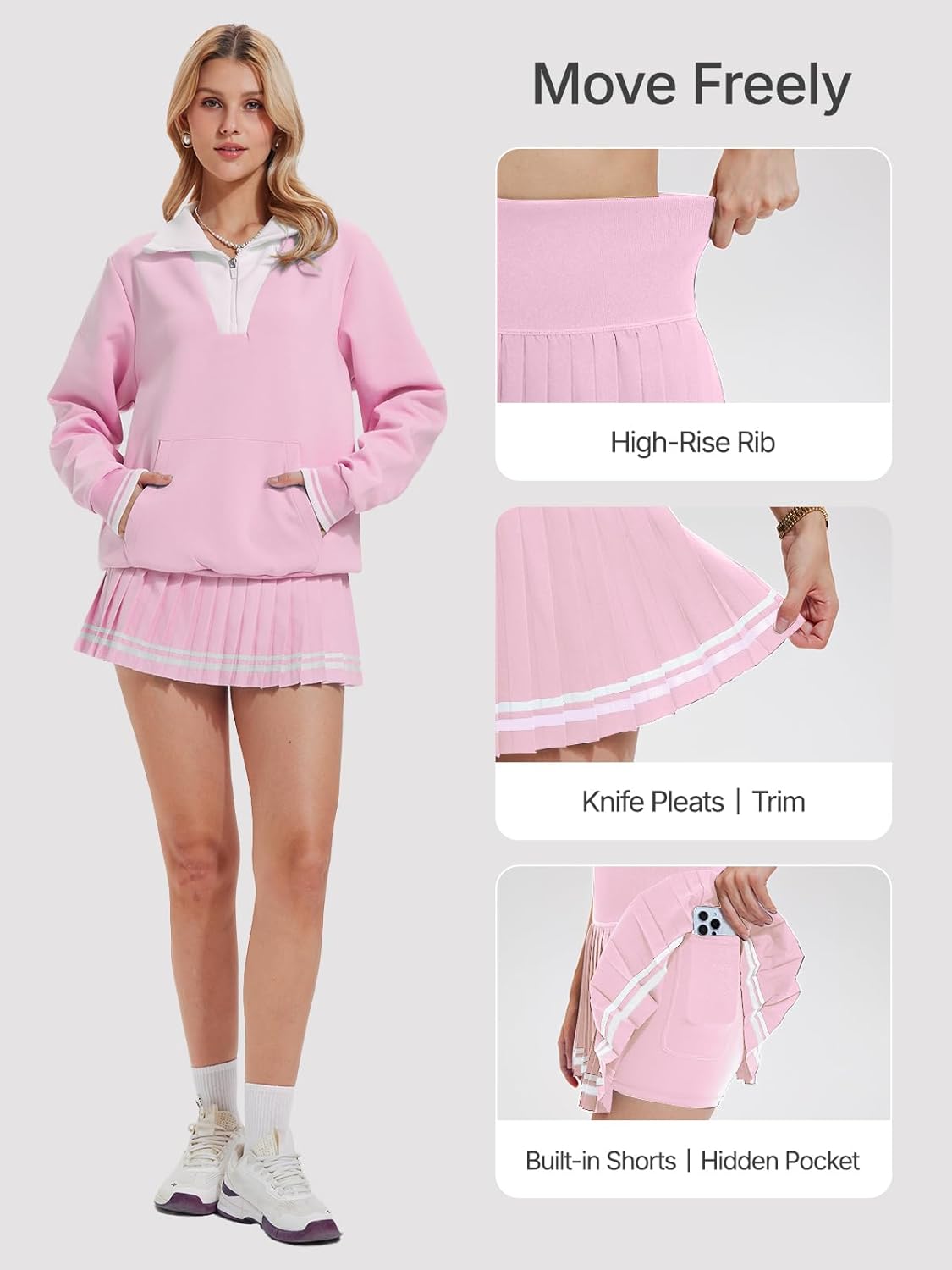 Women's Golf Outfits 2 Piece Tennis Skirt Set Long Sleeve Half Zip Warm Pickleball Clothes Winter Skirt Sets with Pockets - Image 3