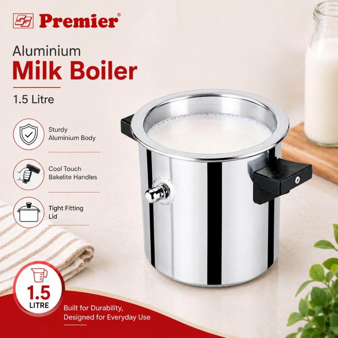 Premier Aluminium Milk Boiler 1 Litre | Whistle Indication | Anti-Overflow Design | Heat-Resistant Bakelite Handle | Spill Proof Lid | Gas Stove Compatible | Milk Cooker/Milk Pot