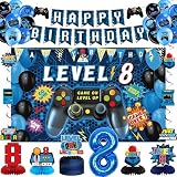 Vlipoeasn Video Game 8th Birthday Decorations for Boys, Blue Level 8 Banner Backdrop Honeycomb Centerpieces Hanging Swirls for 8th Birthday Party, Gamer 8 Years Old Party Supplies