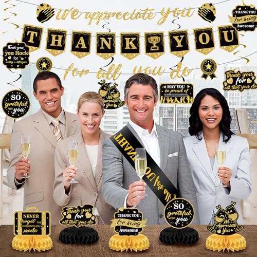 Image of We Appreciate You Party Decorations Black Gold Thank You for All You Do Banner Honeycomb Centerpieces Hanging Swirls for Office Employee Staff Appreciation Gift Pastor Teacher Party Veterans Day Decor