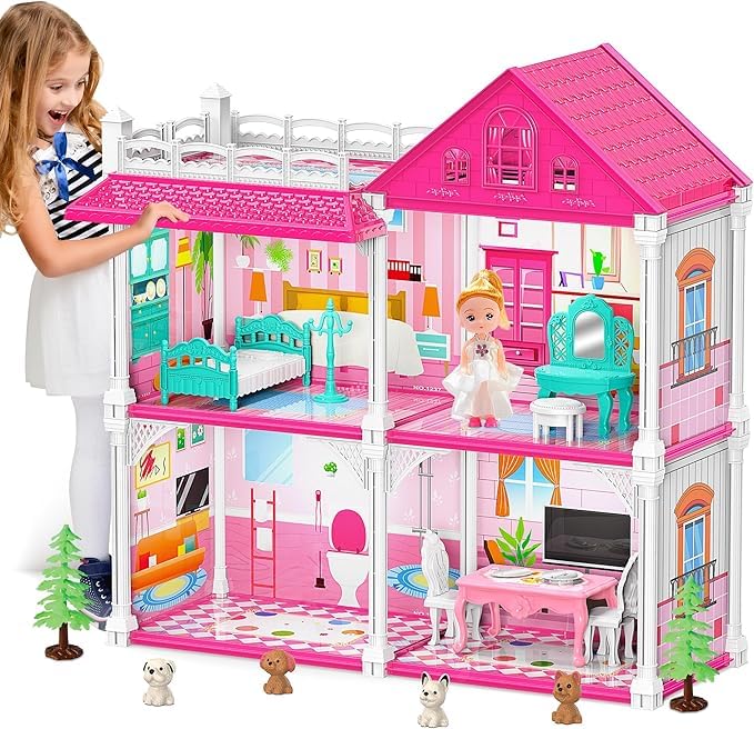 Princess Castle House for Girls, Figure and Furniture & Accessories,Dollhouse Playset with 1 Doll Toy,2-Story 4 Rooms Playhouse, Toy Gifts for Kids 3 4 5 6 7 8 9+ Year Old
