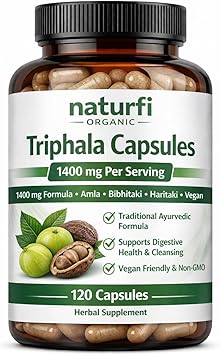 Triphala Capsules - 1400 mg / 60 Days Supply - Herbal Supplement with Amla, Bibhitaki, Haritaki, Vegan, 120 Capsules