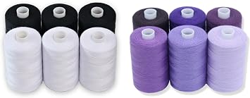 Bundle 12 Polyester Sewing Threads for Hand Stitching, Quilting & Sewing Machine - 1000 yds Per Spool - 6 Purple Shade Thread Colors Plus 3 Black & 3 White