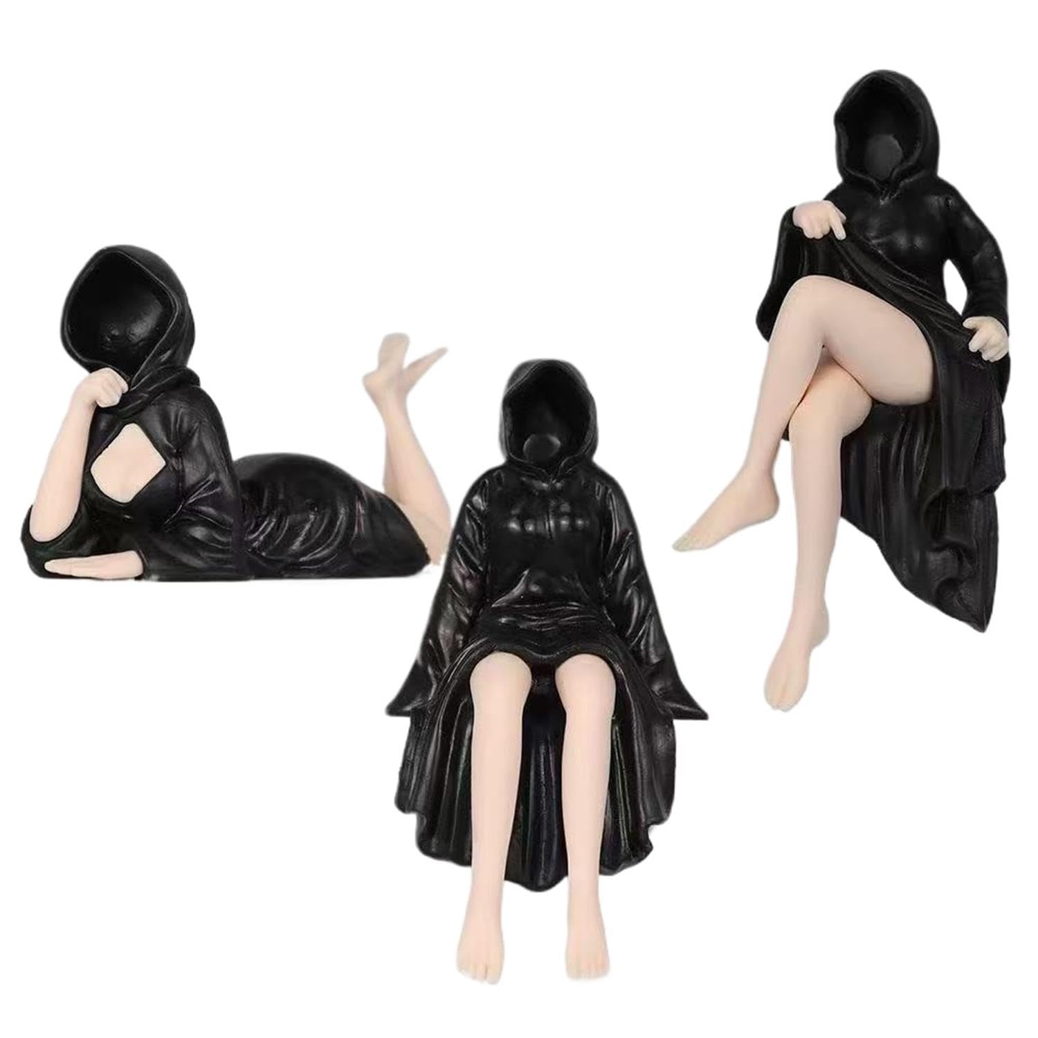3 pcs Mysterious Black Robe Statue Queen Resin Art Figurine Sculpture