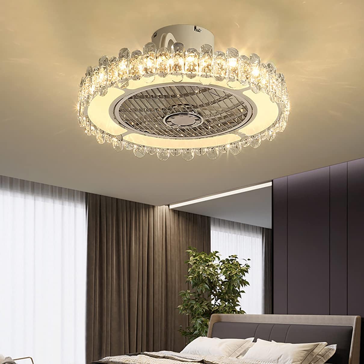 YUEGOO Fan with Ceiling Light,and Remote Control 3 Speeds Bedroom Led Dimmable Crystal Fan Ceiling Light with Timer Modern Living Room Quiet Ceiling Fan Light