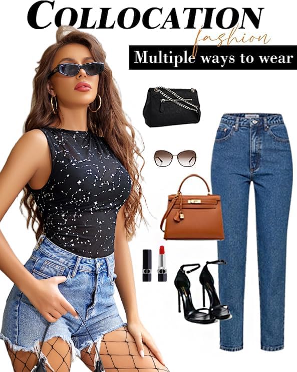 Avidlove Mesh Bodysuits for Women Mock Neck Sheer Sleeveless Shirts Bodysuit Tops Constellation S - Image 4