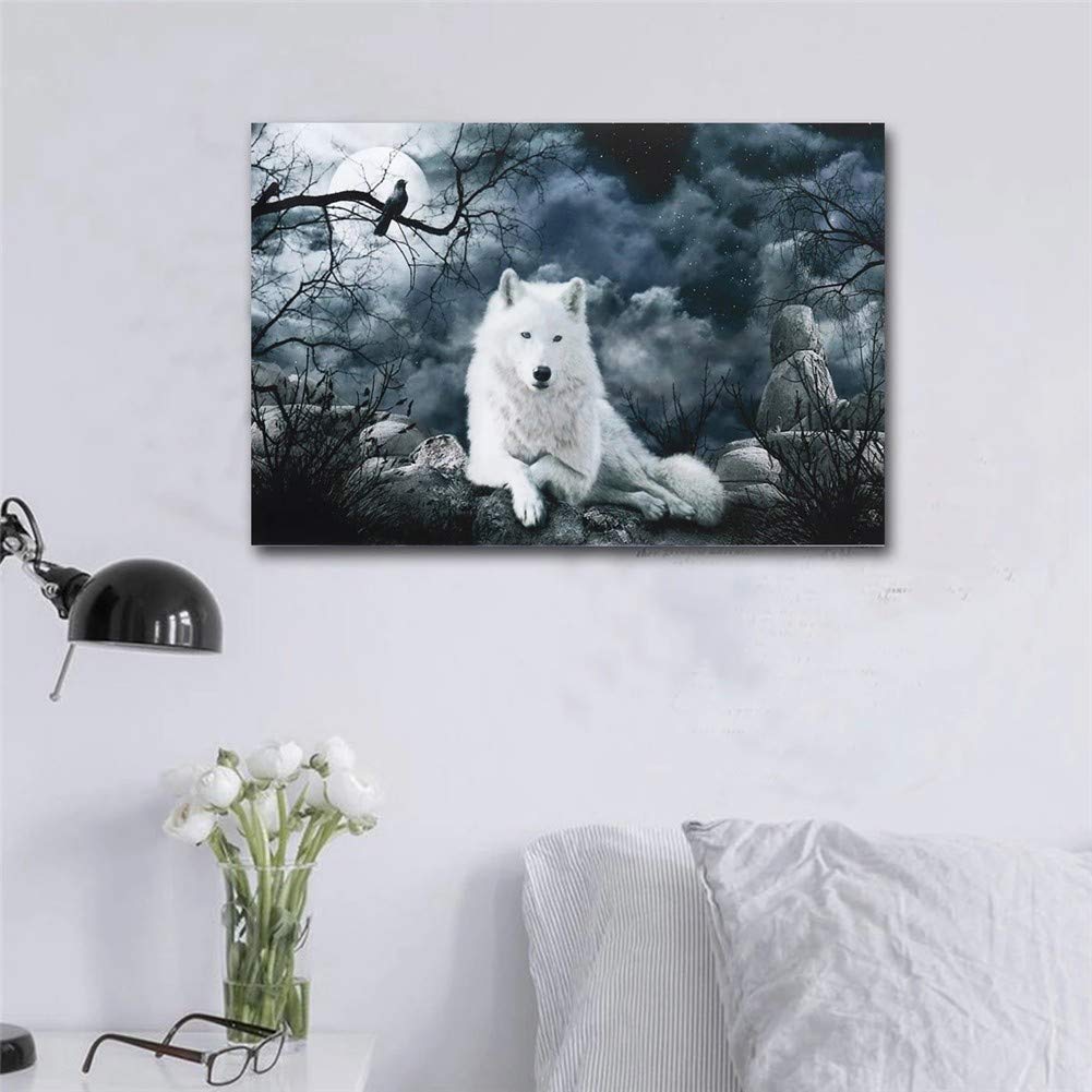 Peinture diamant loup blanc grand format pour décoration salon moderne