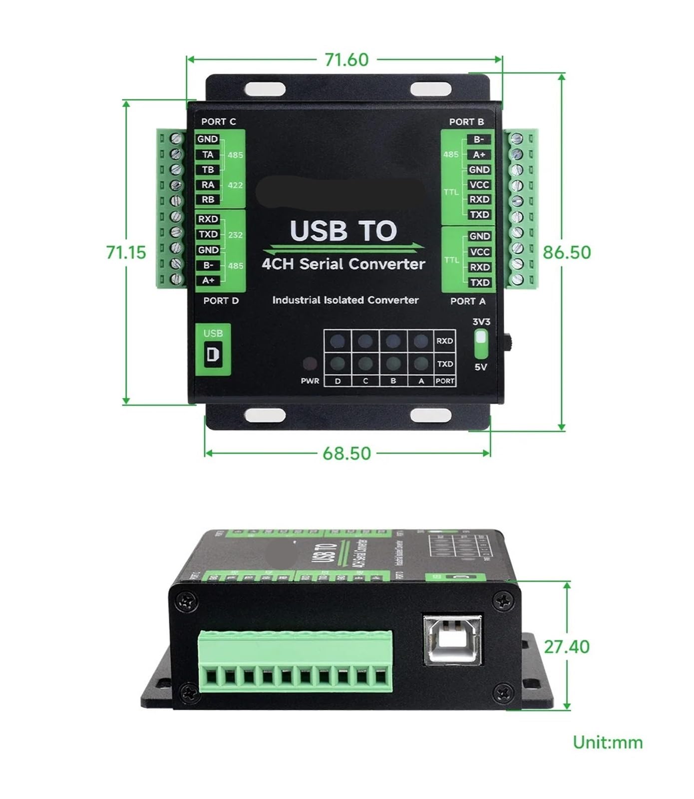 Convertisseur USB Industriel vers série 4 canaux, Puce FT4232HL, Compatible USB vers RS232/485/422/TTL