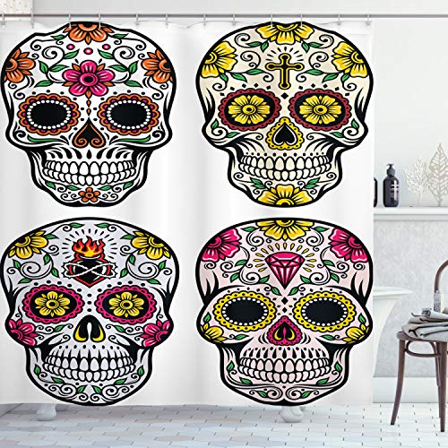 Ambesonne Day of The Dead Shower Curtain, Dia de Los Muertos Celebration Skull Art Image, Cloth Fabric Bathroom Decor Set with Hooks, 69" W x 75" L, Yellow White Black