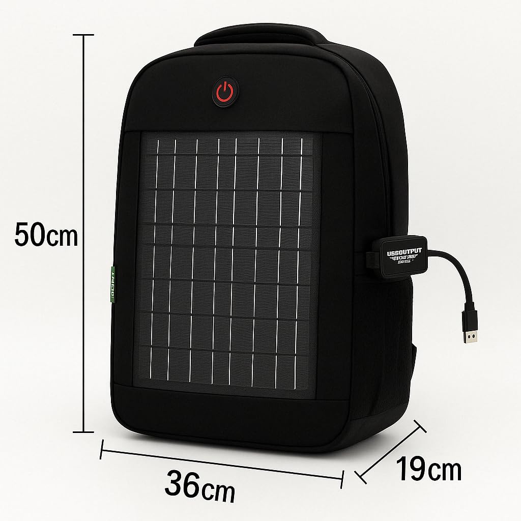 10W Solar Backpack, Built-in Panel, 5V USB Port, Waterproof, Hiking Charger for Phone, Unisex, Camping, Trekking (Black, Large)