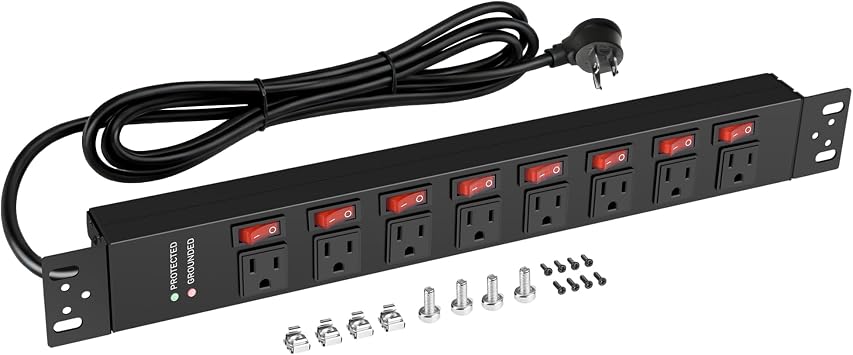 Jgstkcity Rack Mount PDU Power Strips,8 Outlet Surge Protector,Individual Switches,1.5U Rackmount Server Racks,14AWG Heavy Duty Extension Cord,2700J,15A 125V 1875W Standard Power Cord, 6 FT Cable