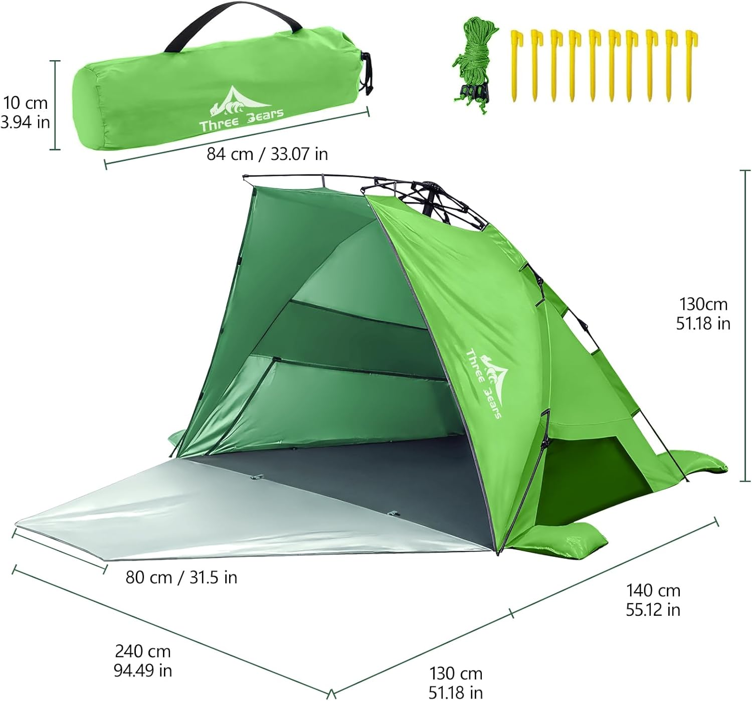 Three Bears Pop Up Beach Tent Sun Shade Shelter for 3-4 Person, UPF 50＋ UV Protection, Lightweight & Easy Setup Beach Shade Canopy, Portable Beach Shade Tent Beach Cabana (Green)