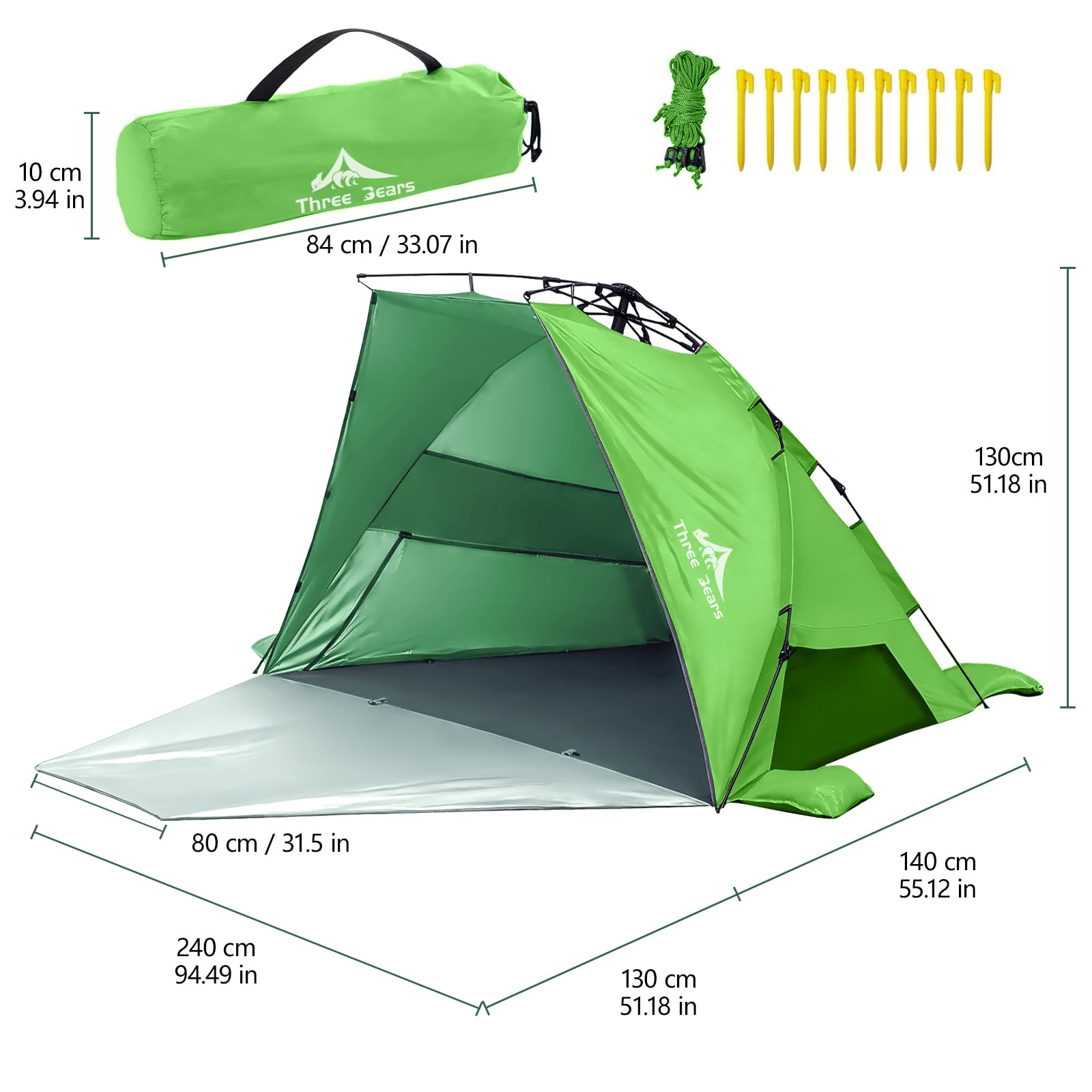 Three Bears Pop-Up-Strandzelt – UV-Schutz LSF 50+, leichte und tragbare Cabana für 3–4 Personen, einfach aufzubauender Sonnenschutz