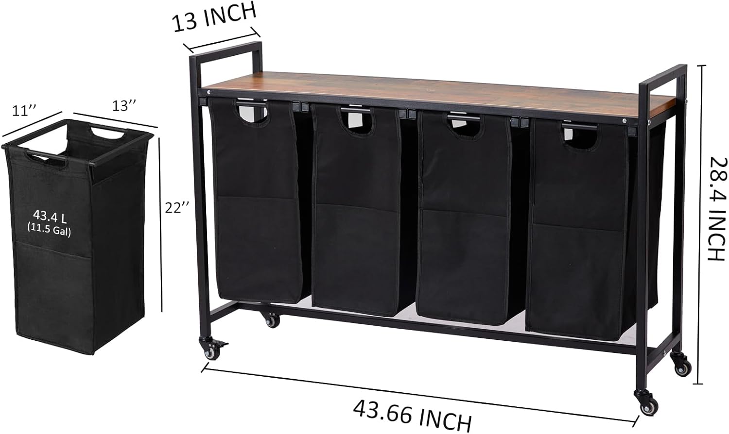 GarveeHome Laundry Hamper, Laundry Basket Organizer Laundry Sorter with 4 Pull-Out and Removable Bags, Wheels and Shelf, Dirty Clothes Hamper for Laundry Room Bathroom Bedroom and Dorm, 4 x 11.5 gal