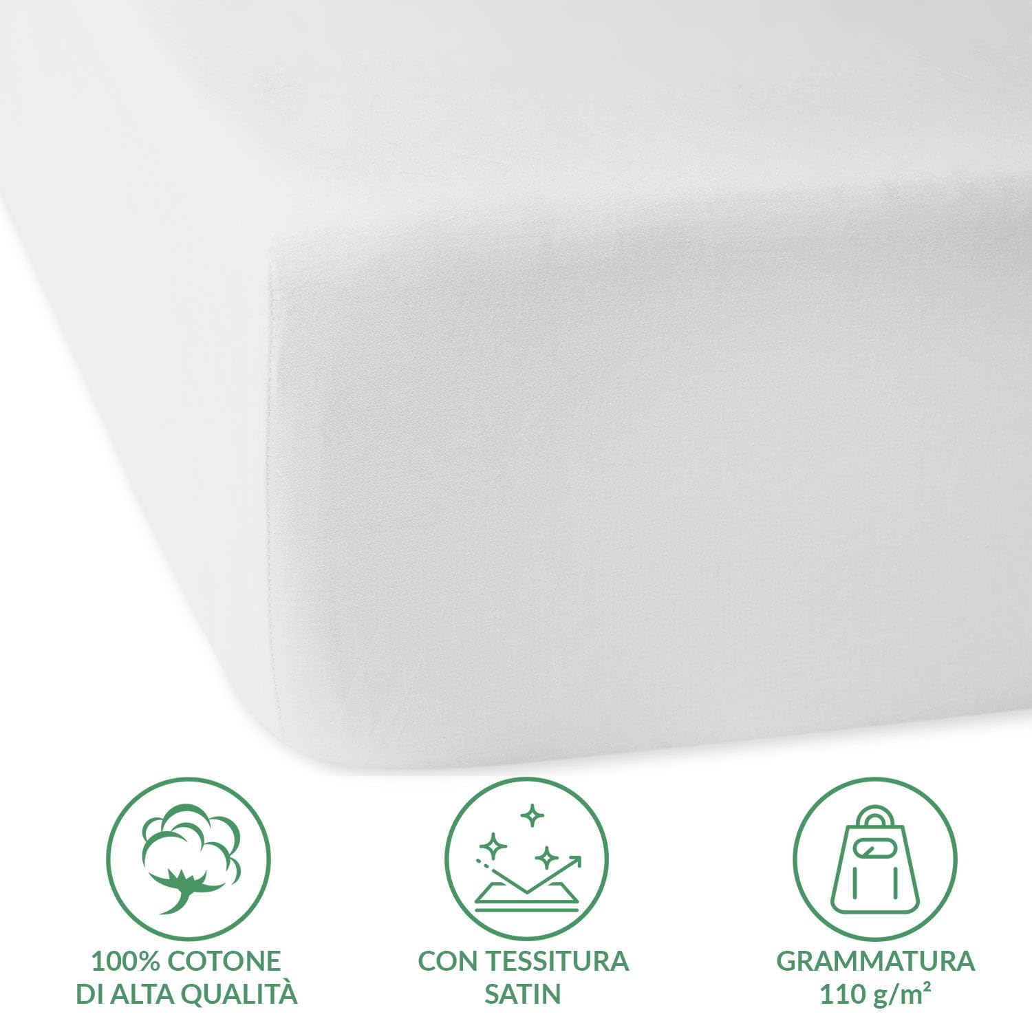 Lenzuolo con Angoli - 90 x 200 cm - Lenzuolo Elasticizzato in Raso di Cotone - Liscio - Lucido - per Materassi fino a 20 cm - Bianco