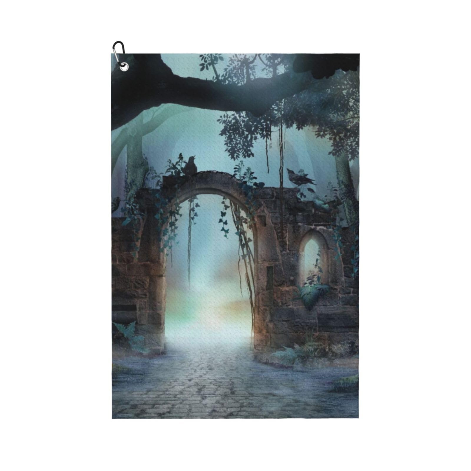 Oudrspo Archway in an Enchanted Fairy Landscape Misty Dark Mood Microfiber Golf Towel with Carabiner Clip, 16x24 Inch Absorbent Waffle Weave Towel for Golf Bags