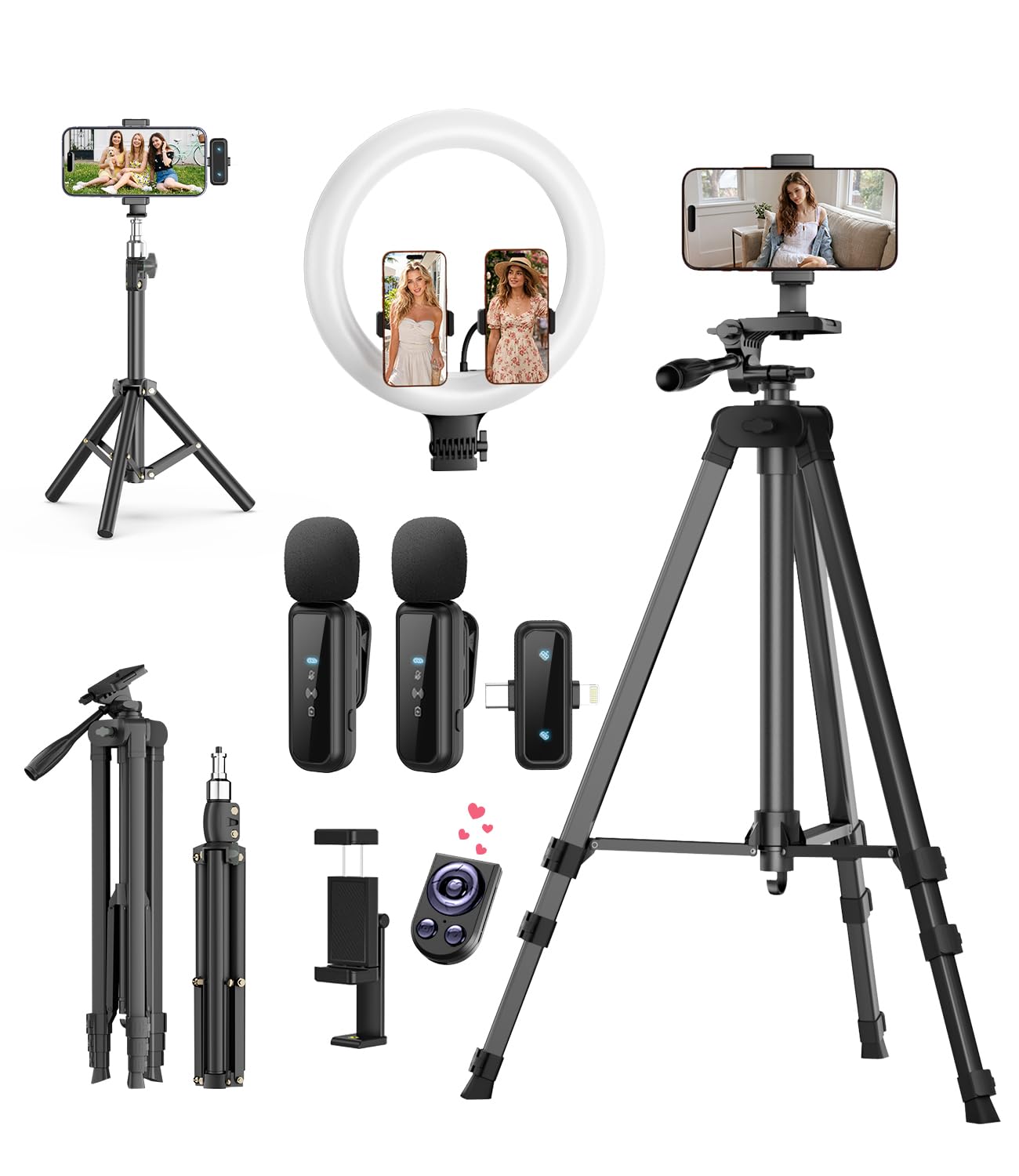 Vlogging Kit for iPhone/Android,10" Ring Light with 57" Tripod Stand & Mic | 57" & 22.4" Dual Tripod for iPhone, 3 Color 10 Brightness Light for Content Creator Essentials/YouTube Starter/TikTok/Video