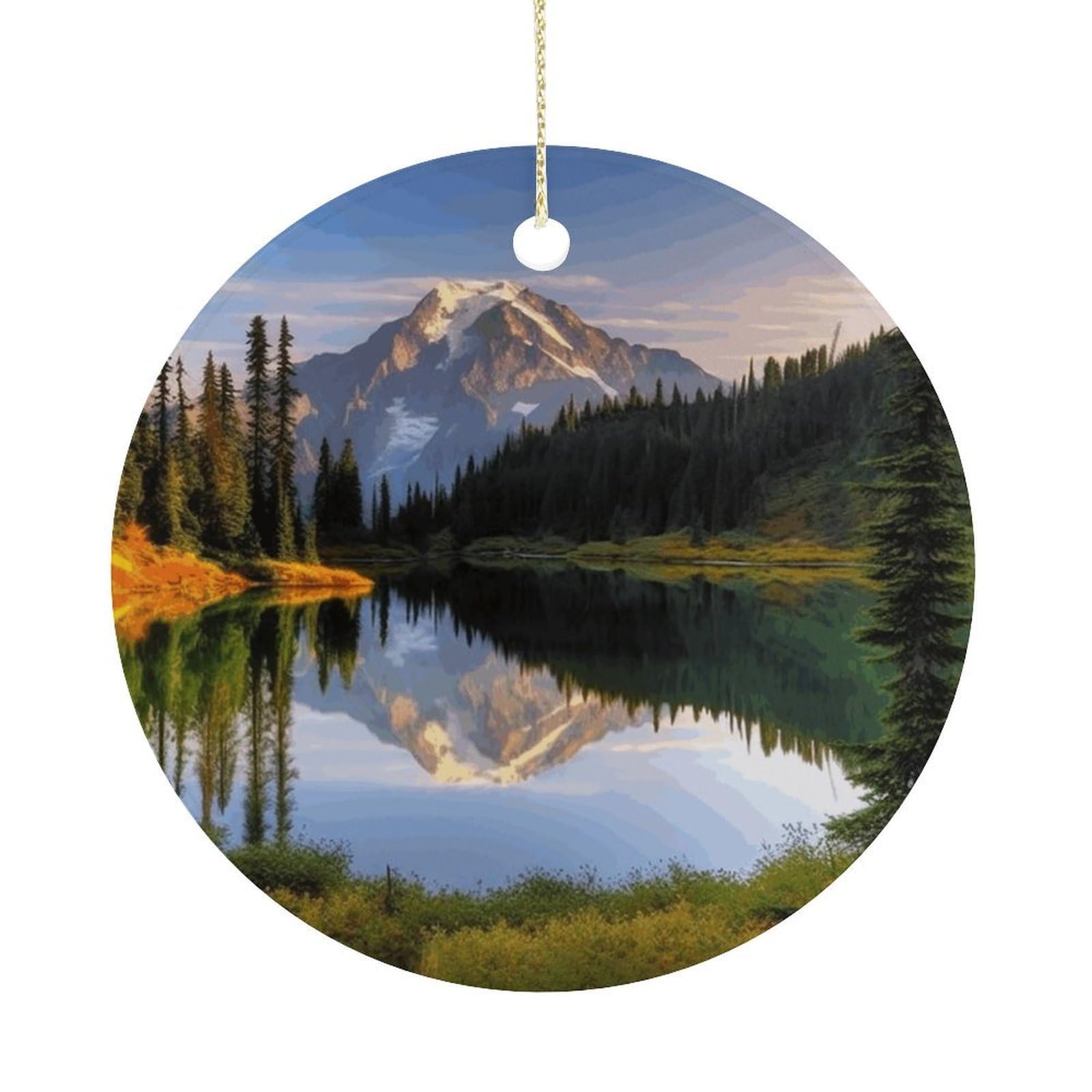Mountain and Lake Pictures Christmas Ornaments Colorful Round Ceramic Ornament Christmas Hanging Decor Christmas Tree Decorations Xmas Keepsake for Women Men Xmas Holiday Party
