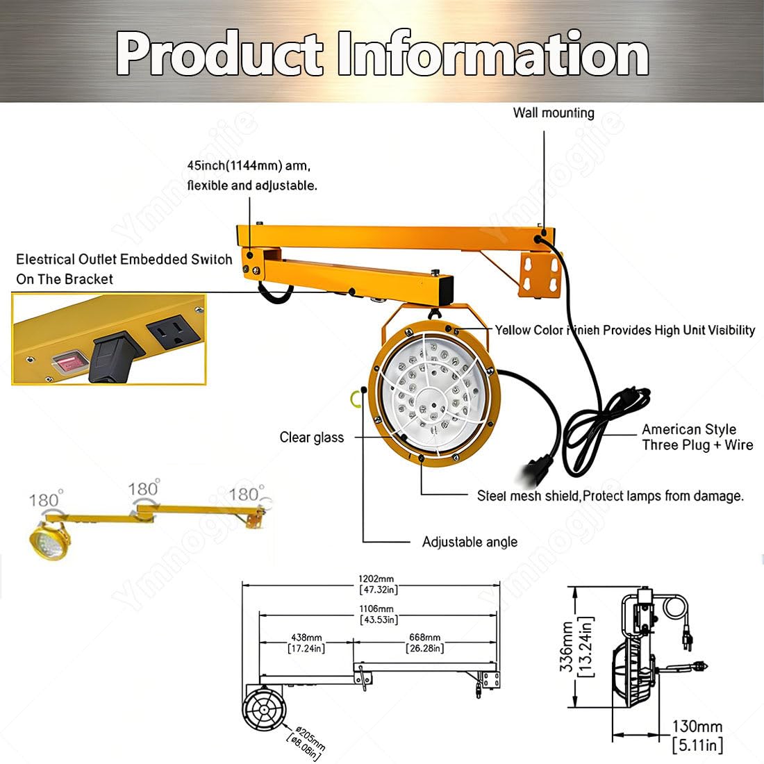 Foco Trabajo con Brazo Plegable,Luces LED para Muelles Carga 50W | Con Interfaces Adicionales,ángulo Haz Ajustable,3300/5500 Iluminancia,Amplio Rango Irradiación,Luz Suave Sin Dispersión