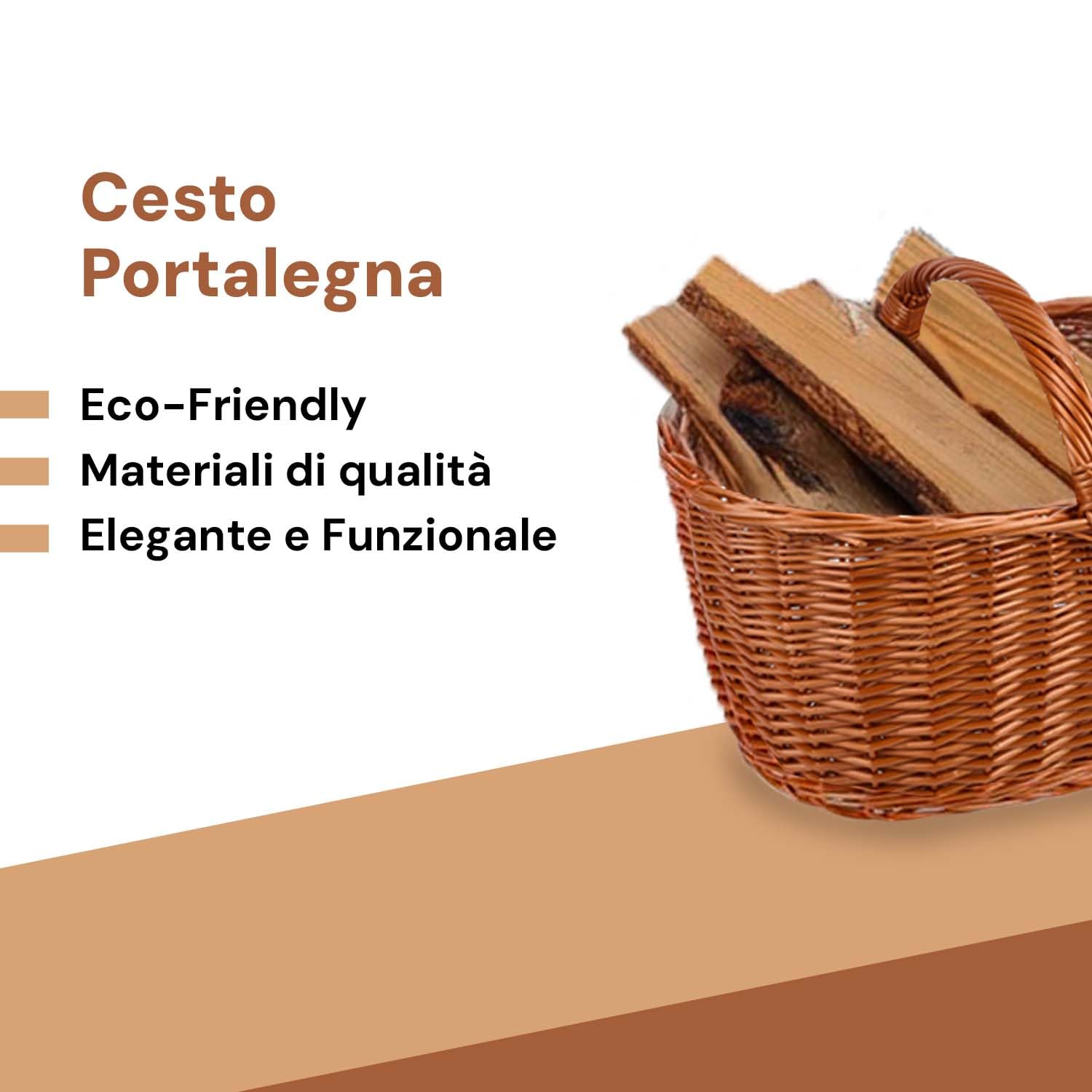 Cestino di Vimini Portalegna - Cesto in Vimini Porta Oggetti, con Manico, per Legna da Ardere, 50x35x35 cm