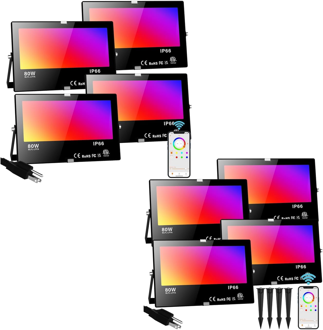 8Pack RGB Led Flood Light Outdoor 800W Equivalent Bluetooth Smart Color Change Landscape Lighting DIY-Scene+RGB Colors+Warm White 2700K with 4PC Stake
