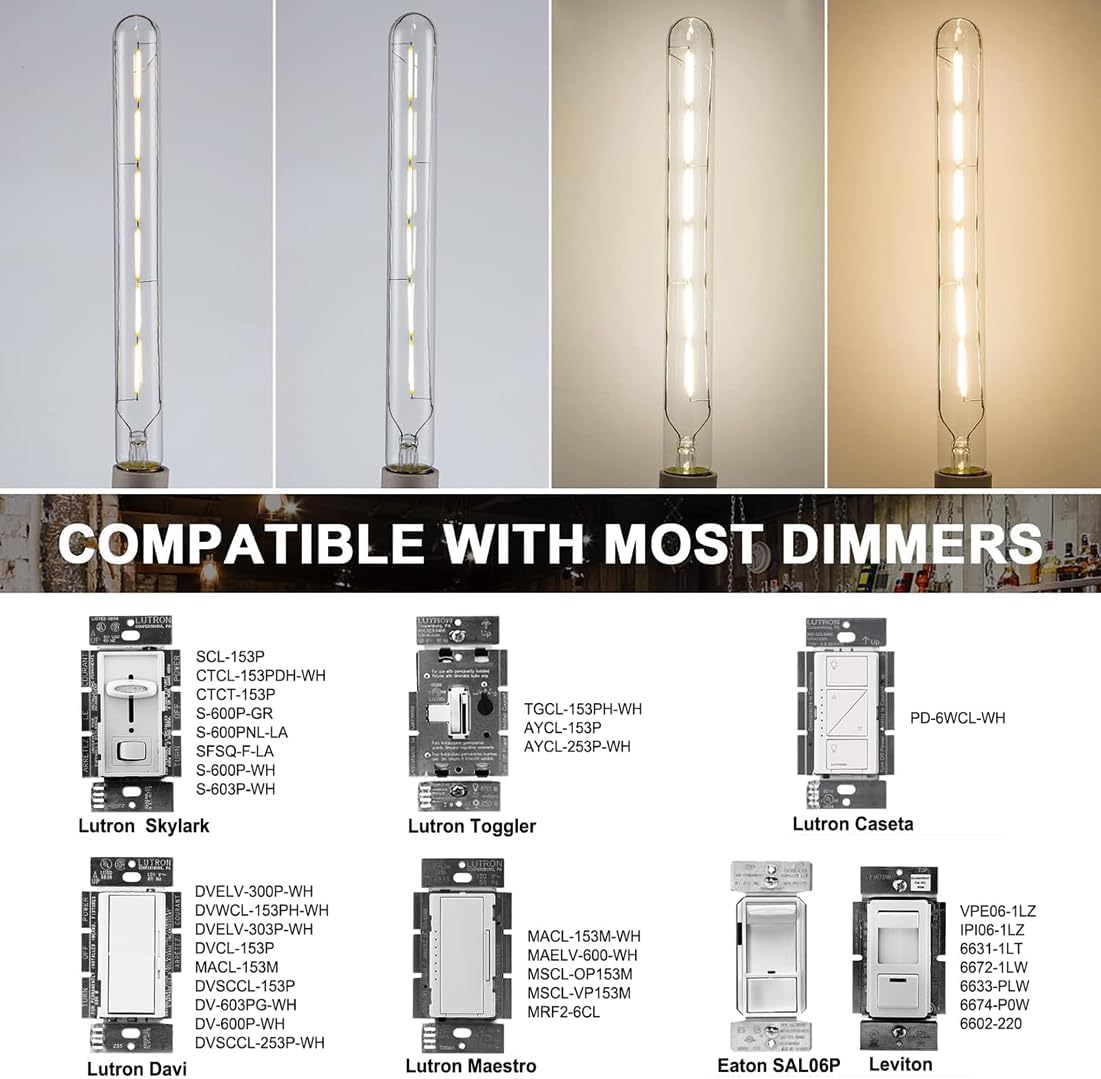 Dimmable T10 led Long Bulb 6W Equal 60 watt E26 Light Bulb Warm White 2700K Edison Tube Light Bulbs 600LM for Rustic Pendant,Industrial Pipe,Wall sconces,11.8inch,Pack of 4