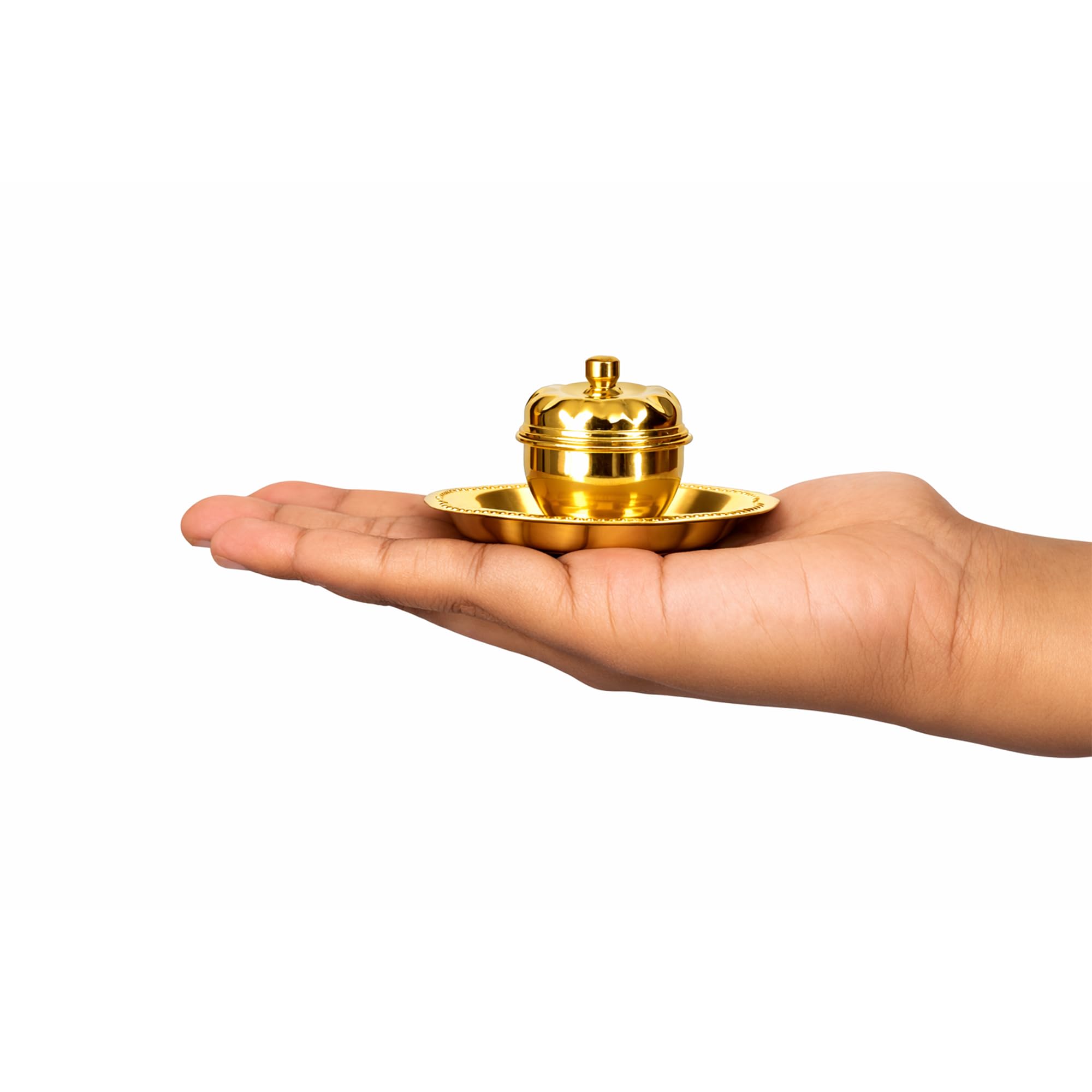 Putrika Brass kunguma chimizh| Puja | Roli | Chawal | Chandan | Haldi | Kumkum Box | Sindoor | Turmeric | Dabbi | Dibbi | Dhani | Dani Lid Holder KumKum | Navratri Gift- (Apple) (6) 2