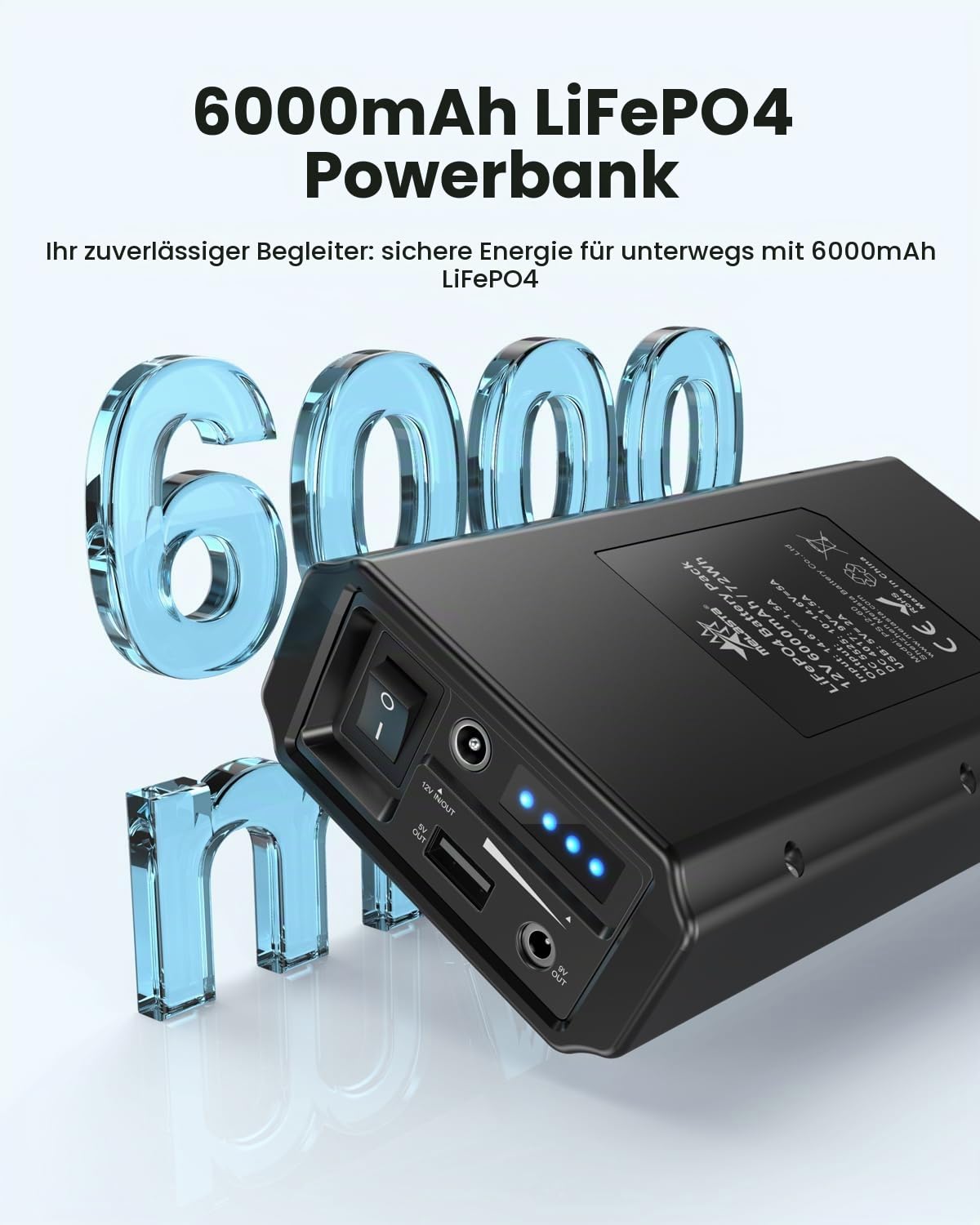 12V Powerbank 6000mAh Tragbar LiFePO4 Powerbank mit Ladegerät, DC Ausgang mit USB-A, DC 12V Und 9V Hafen Kompatibel mit Smartphones, Tablets, Router, LED-Lichtleisten (Nicht Kompatibel mit Laptops) | Powerbank mit LED-Display für 5 V 9 V 12 V Ausstattung: