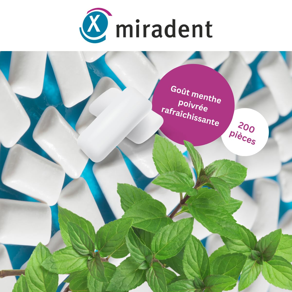Miradent Chewing-gum dentaire au xylitol Pack économique 200 pcs goût Menthe poivrée sans sucre vegan