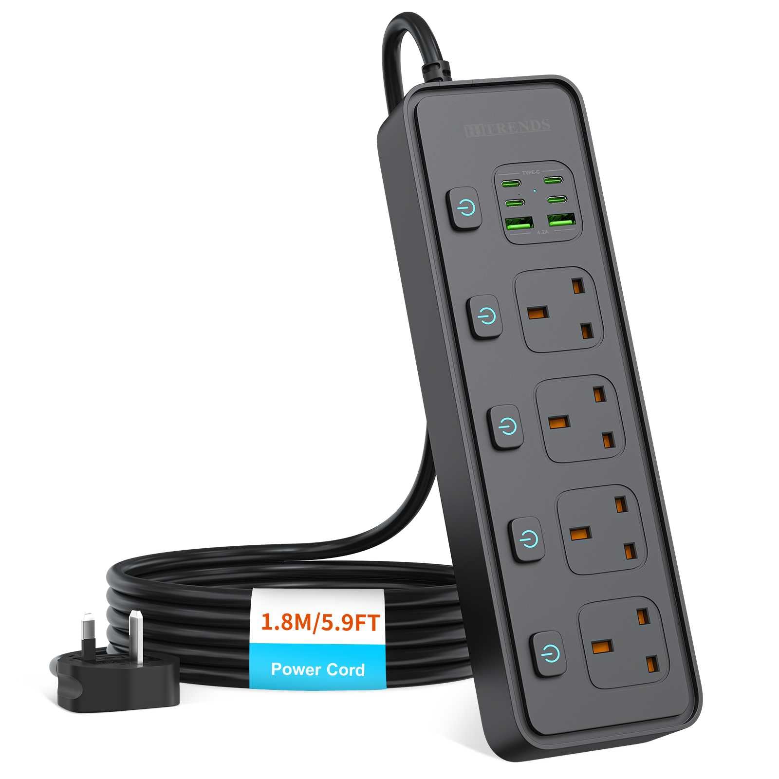 4 Way Gang Extension Lead with USB Slots, UK Plug 3 Pin Socket Outlet, 10-in-1 Surge Protector Plug Extension Socket with Individual Switches, Power Strip Extender with 1.8M Cable for Home, Black