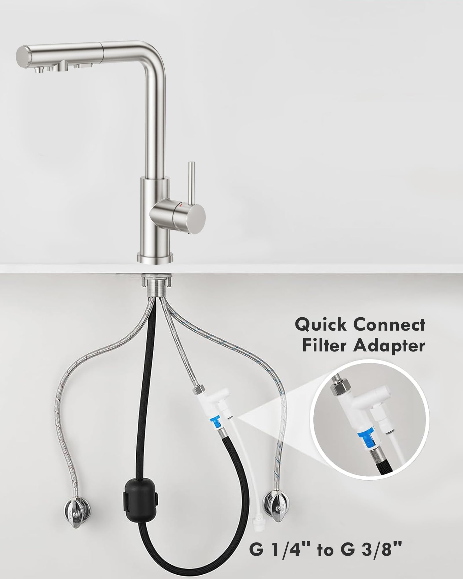 Grifo para Fregaderode Cocina de 3 Vías con Ducha extensible de 3 Funciones, Grifo de Cocina para Filtro de Agua, Sistemas de Ósmosis, Acero inoxidable cepillado