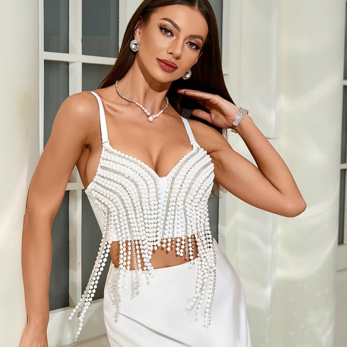 Sexy Pearls Beaded Rhinestone Bustier Crop Top Push up Corset Top with Adjustable Shoulder Strap